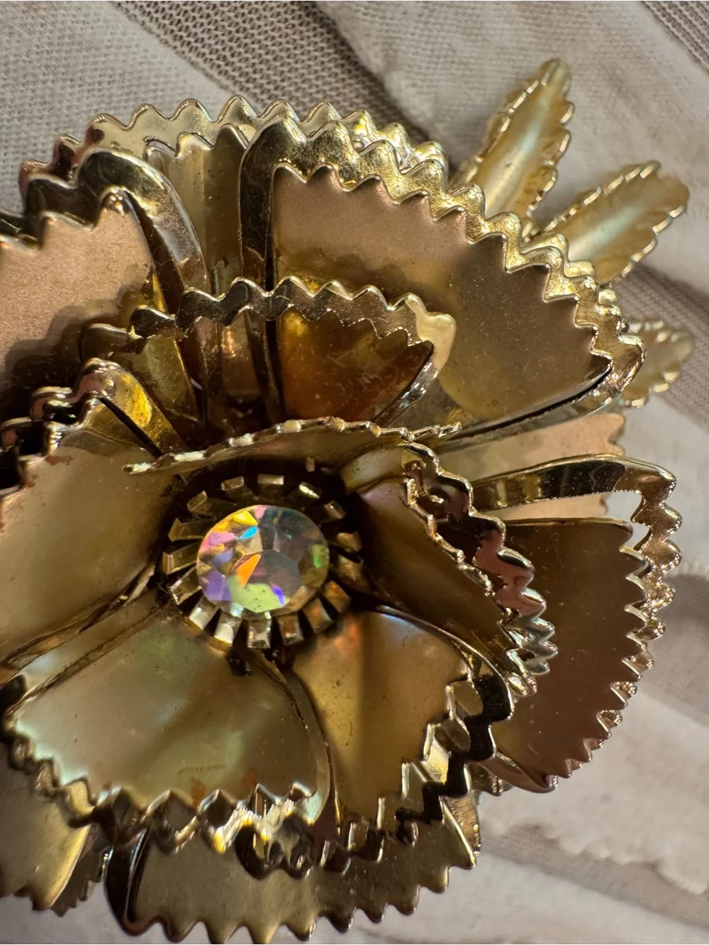 Large Vintage 50s Gold Tone Layered Floral Carnation Brooch Pin Aurora Borealis